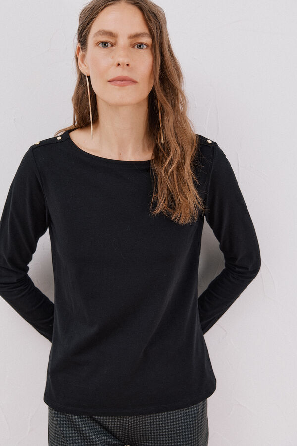 Cortefiel Playera cuello barco con botones Negro