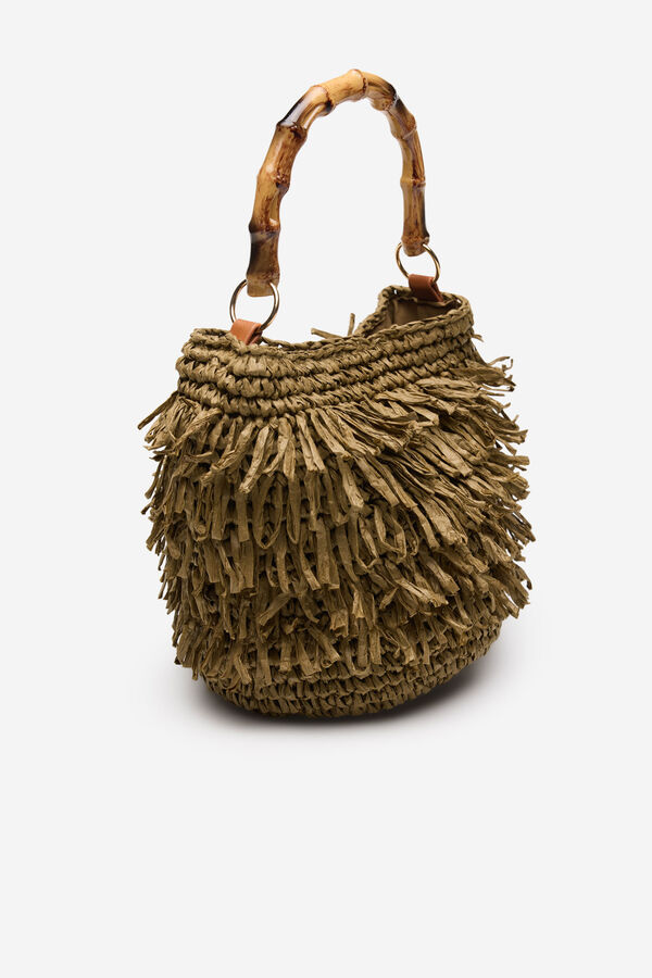 Cortefiel Bolsa de rafia con flecos Kaki