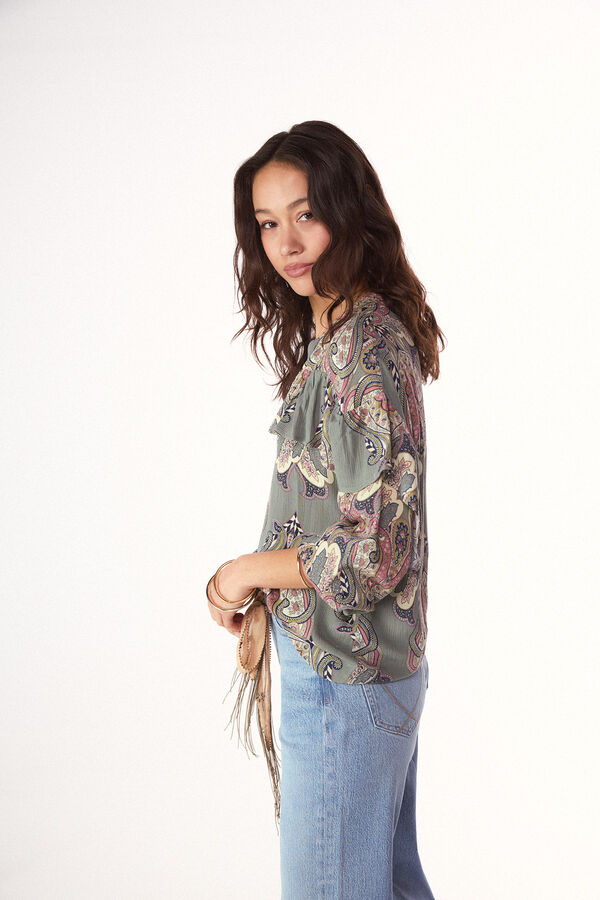Slowlove Blusa estampada con volante Estampado azul
