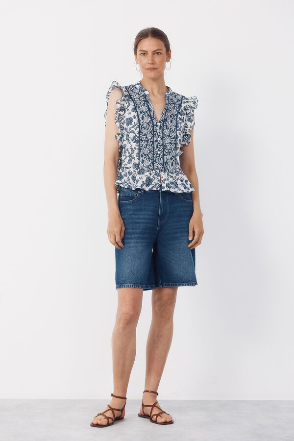 Cortefiel Blusa con volante Estampado azul