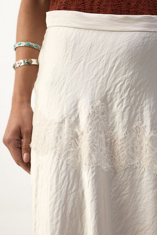 Slowlove Falda midi satinada con encaje Marfil