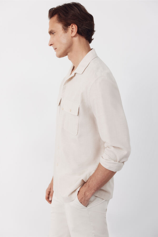 Cortefiel Camisa cuello bowling manga larga Beige