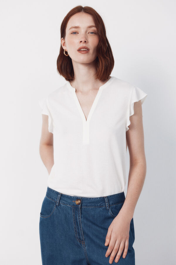 Cortefiel Playera de manga con volante Blanco