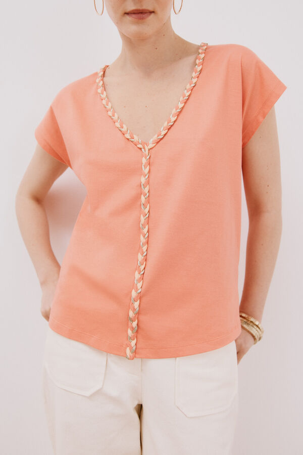 Cortefiel Playera cuello en pico trenza Coral