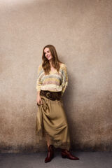 Slowlove Falda midi de sat&eacute;n y encaje Beige