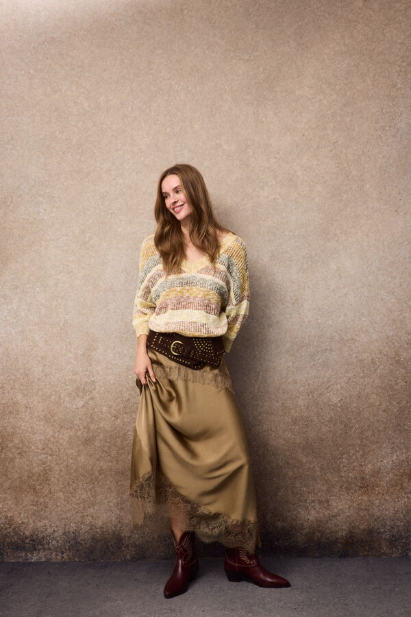 Slowlove Falda midi de sat&eacute;n y encaje Beige