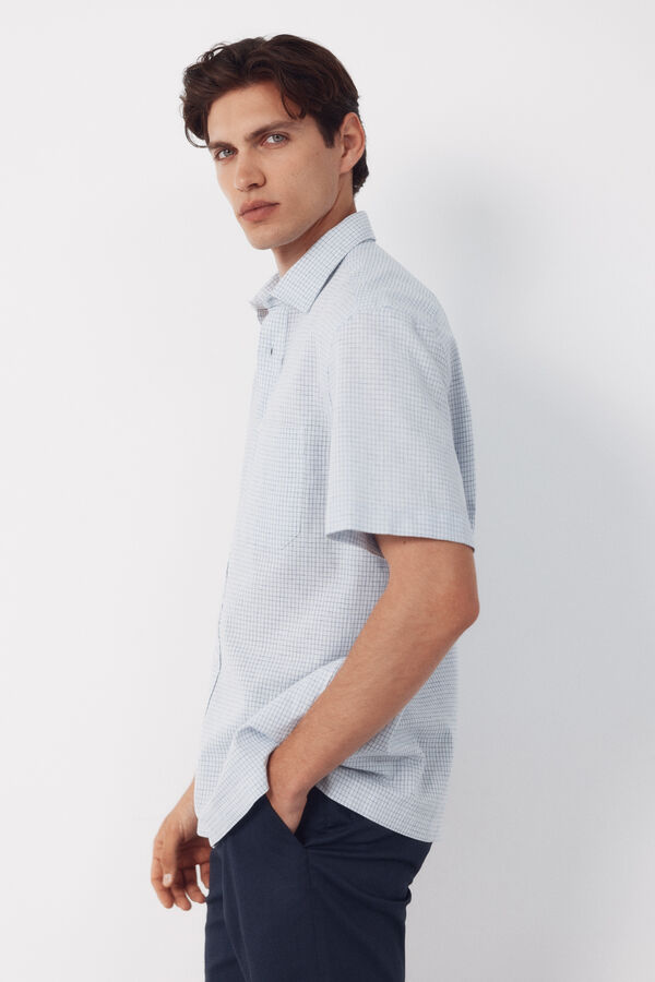 Cortefiel Camisa algod&oacute;n lino cuadros manga corta Azul