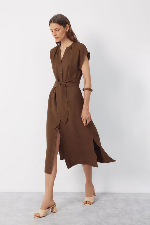 Cortefiel Vestido estampado con cintur&oacute;n Kaki