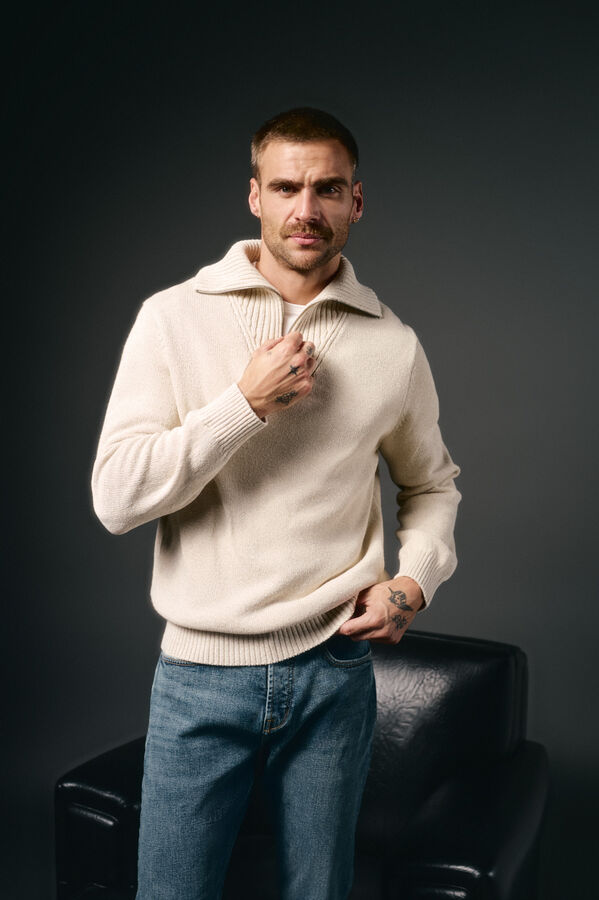 OOTO Jersey cuello polo cremallera algod&oacute;n Beige