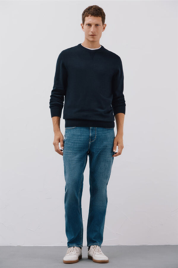 Cortefiel Su&eacute;ter de punto fino de algod&oacute;n cuello redondo Azul marino