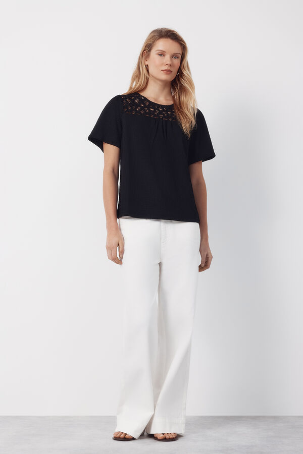 Cortefiel Top combinado de guipur Negro