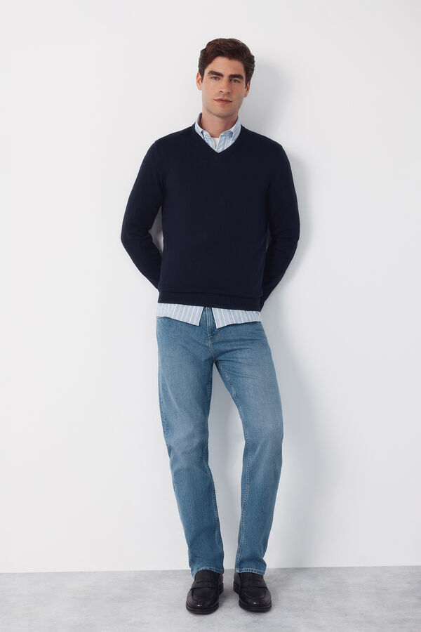 Cortefiel Jersey punto algod&oacute;n cuello pico b&aacute;sico Azul marino