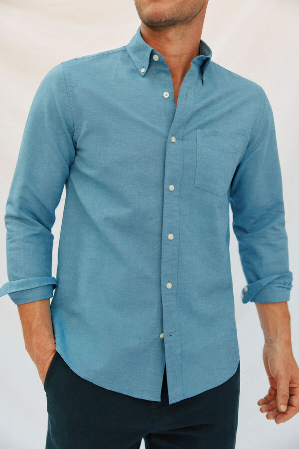 Cortefiel Camisa de lino y algod&oacute;n lisa Azul