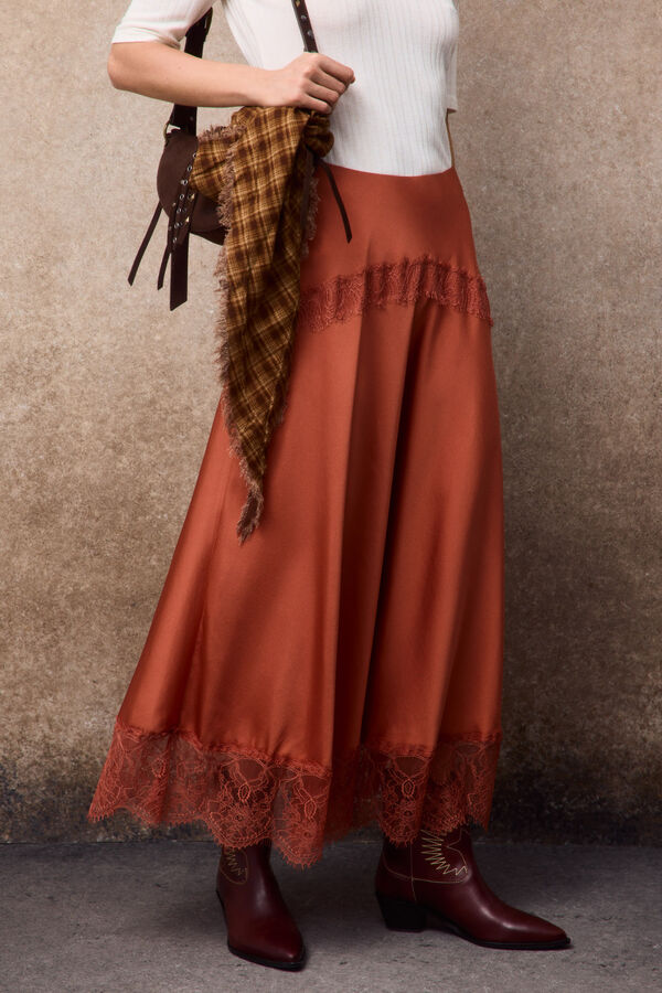Slowlove Falda midi de sat&eacute;n y encaje Coral