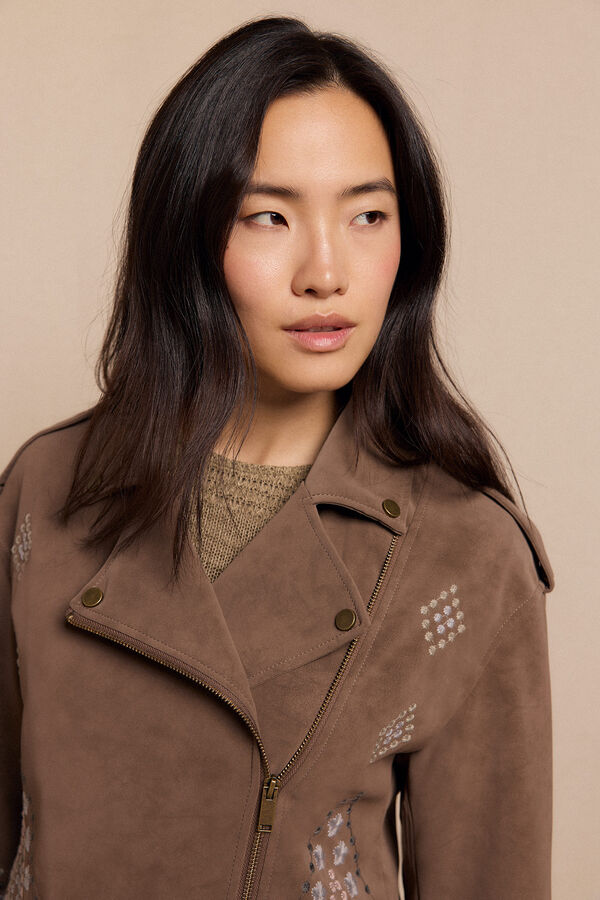 Slowlove Chamarra biker efecto piel bordada Beige