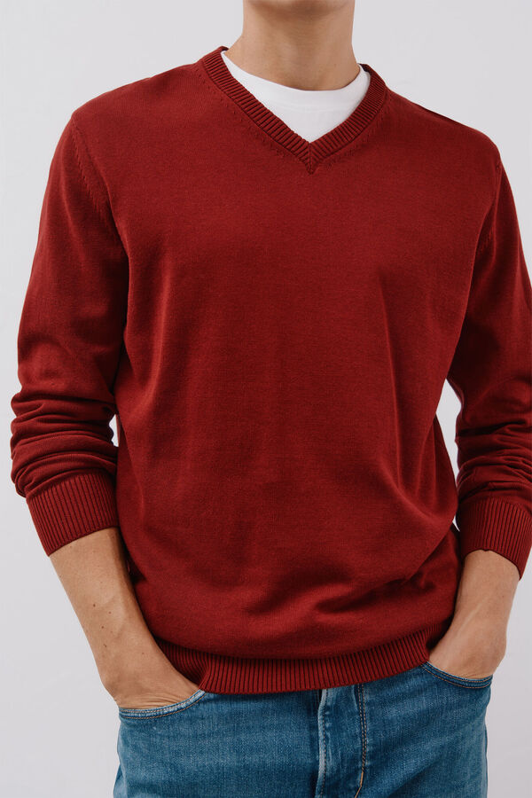 Cortefiel Su&eacute;ter tejido fino algod&oacute;n cuello pico Granate