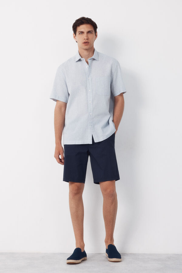Cortefiel Camisa algod&oacute;n lino cuadros manga corta Azul