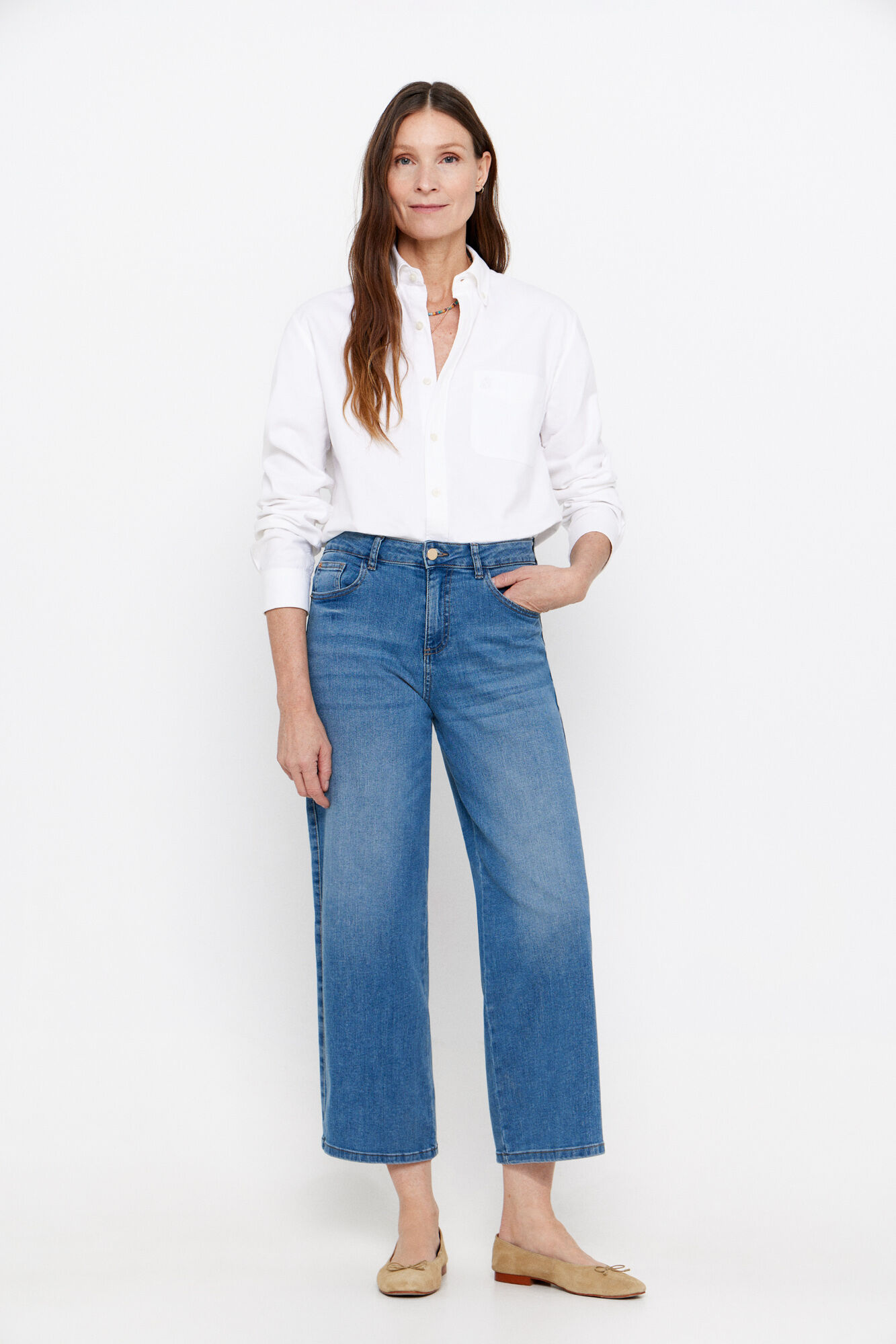 Cortefiel pantal&oacute;n denim fit palazzo crop