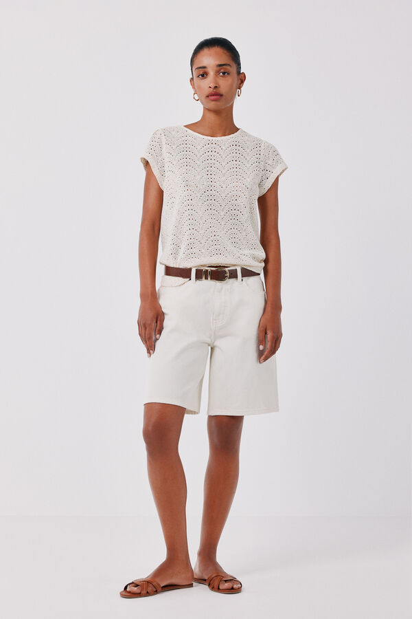 Cortefiel Playera de crochet bordado Marfil