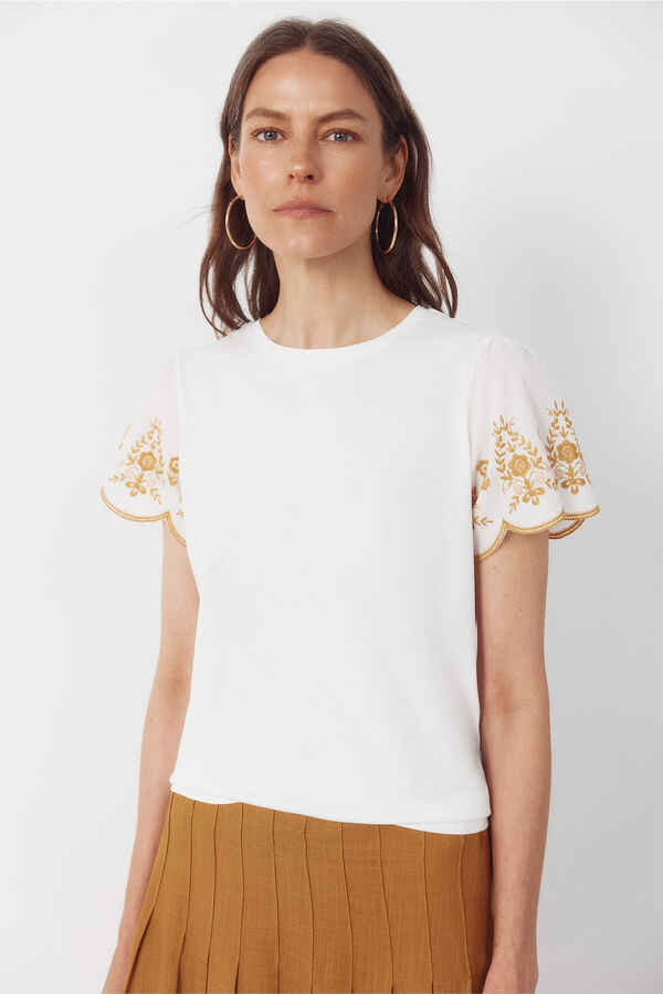 Cortefiel Playera bordada manga Blanco