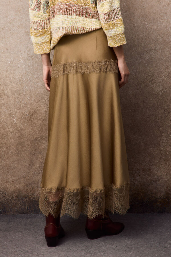 Slowlove Falda midi de sat&eacute;n y encaje Beige