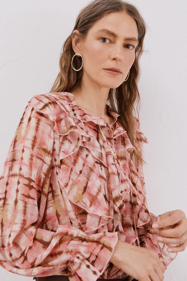 Cortefiel Blusa con volante delantero Estampado blanco