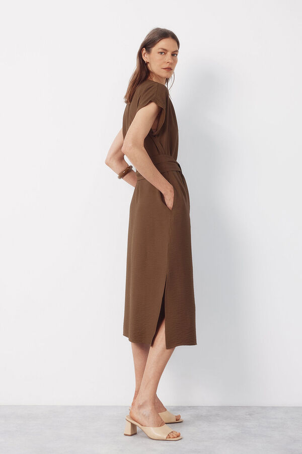 Cortefiel Vestido estampado con cintur&oacute;n Kaki