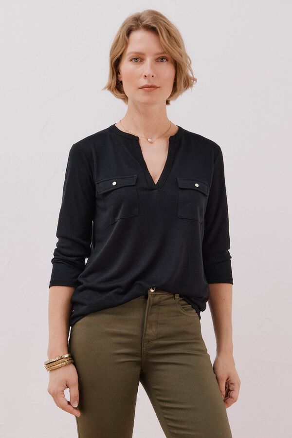 Cortefiel Playera cuello mao efecto lino Negro