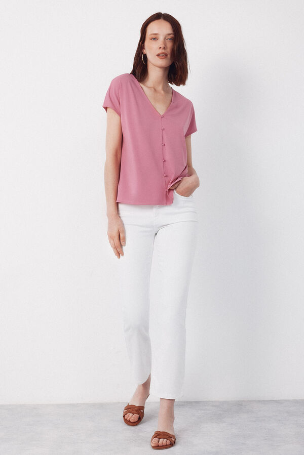 Cortefiel Playera con botones y escote en pico Rosa