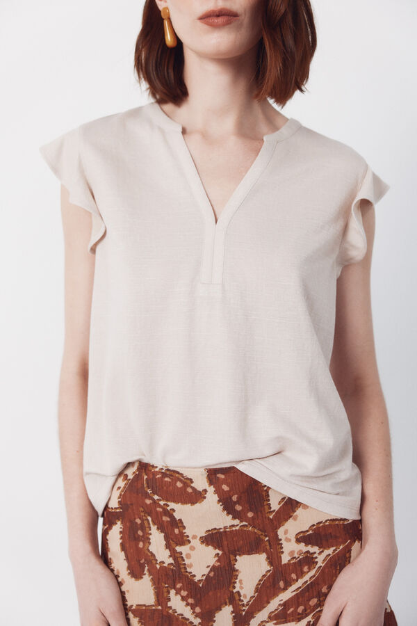 Cortefiel Playera de manga con volante Beige