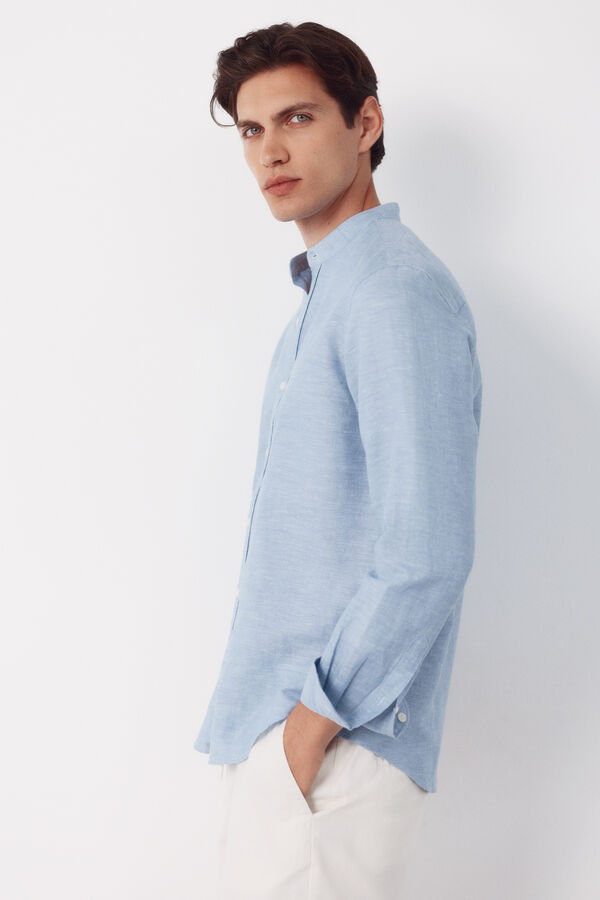 Cortefiel Camisa lino algod&oacute;n lisa cuello mao Azul