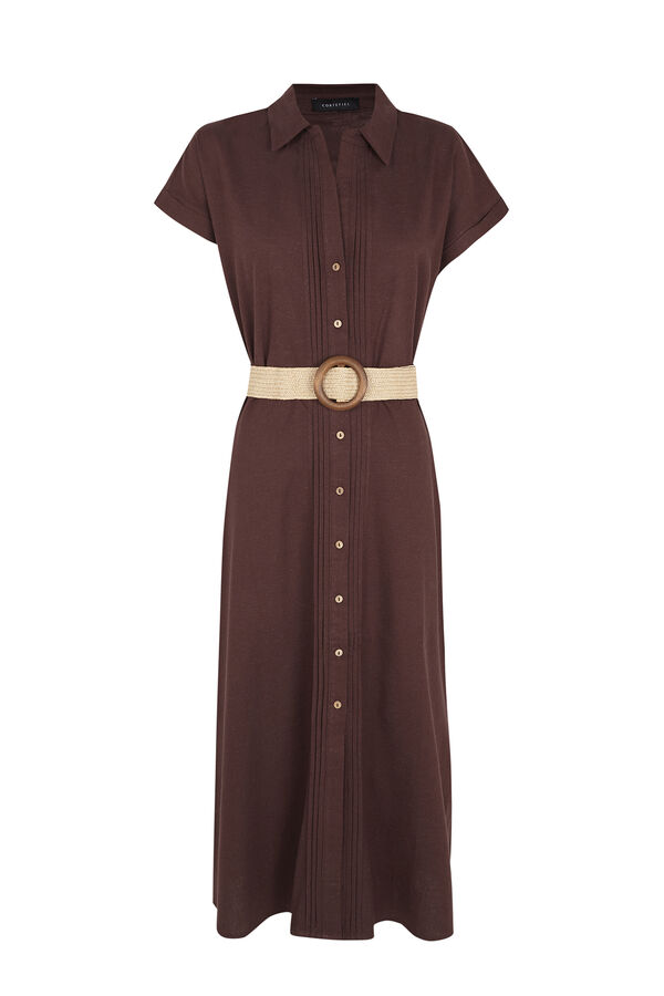 Cortefiel Vestido lino Marr&oacute;n oscuro