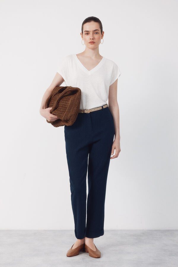 Cortefiel Playera de lino con escote en pico y l&uacute;rex Blanco