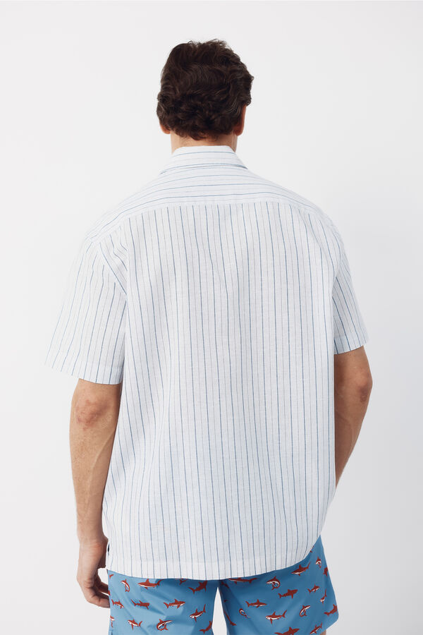 Cortefiel Camisa algod&oacute;n lino rayas manga corta Azul