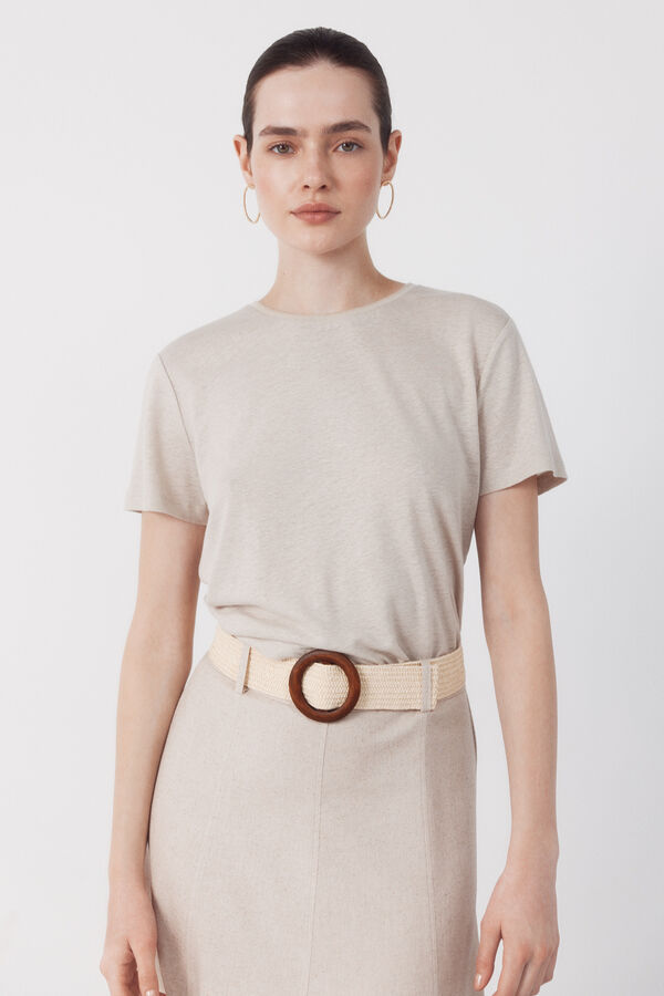 Cortefiel Playera de lino con escote lurex Beige