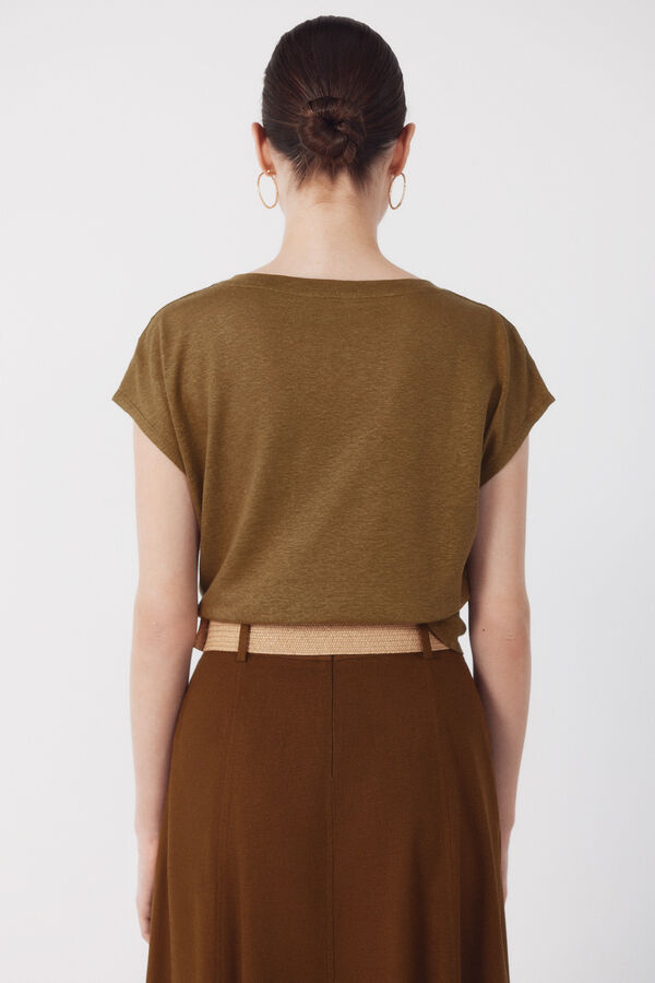 Cortefiel Playera de lino con escote en pico y l&uacute;rex Kaki