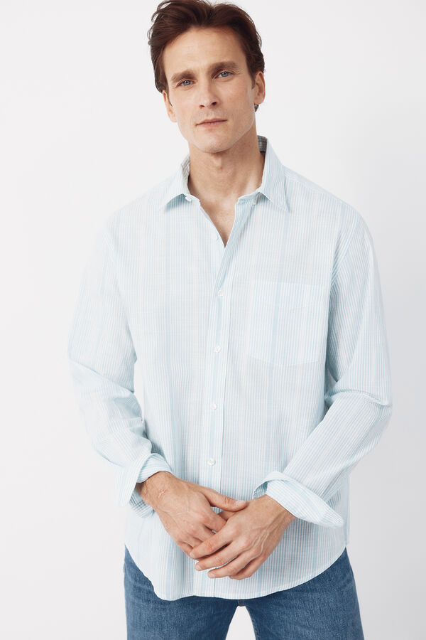 Cortefiel Camisa rayas algod&oacute;n slub Azul