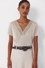 Cortefiel Playera cuello en pico con pasamaner&iacute;a Beige