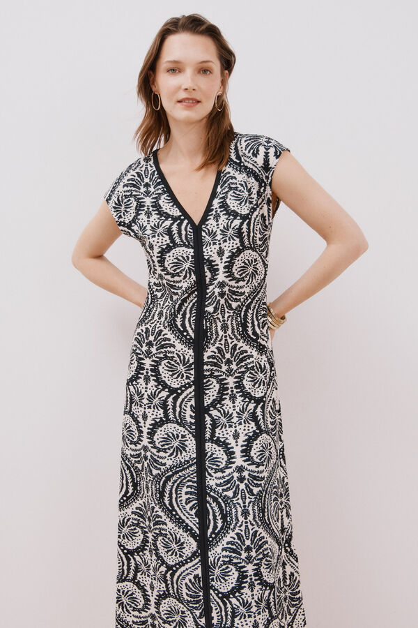 Cortefiel Vestido escote pico contraste Estampado blanco