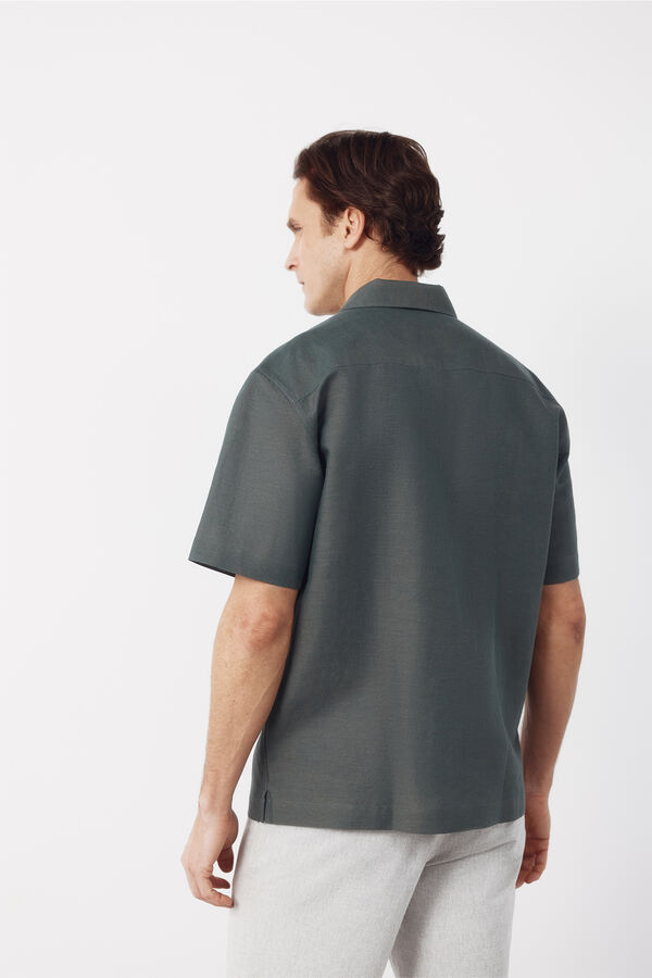 Cortefiel Camisa lino algod&oacute;n lisa cuello bowling Kaki