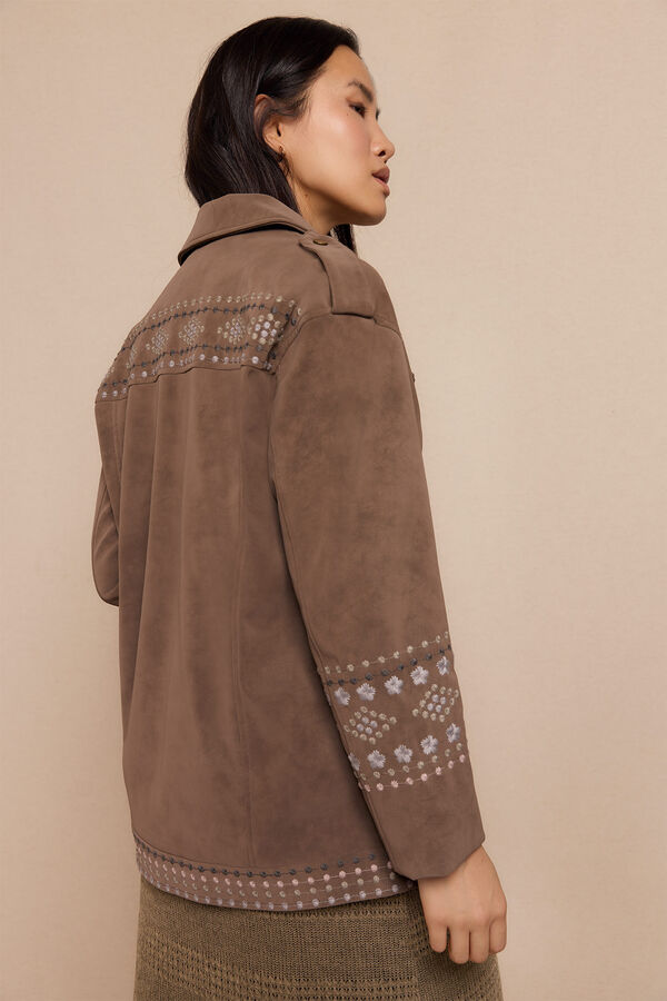 Slowlove Chamarra biker efecto piel bordada Beige