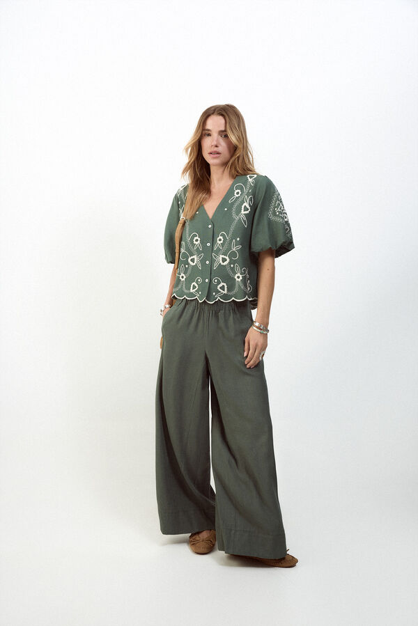 Slowlove Pantal&oacute;n ancho de lino lavado Kaki