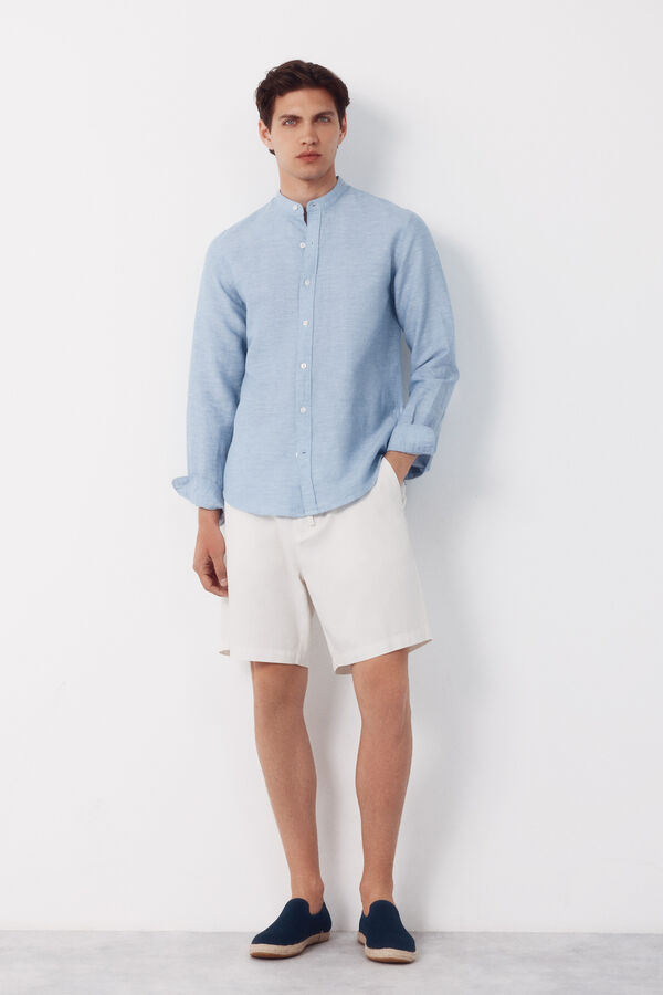 Cortefiel Camisa lino algod&oacute;n lisa cuello mao Azul