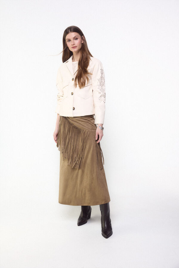 Slowlove Falda de ante sint&eacute;tico con flecos Marr&oacute;n