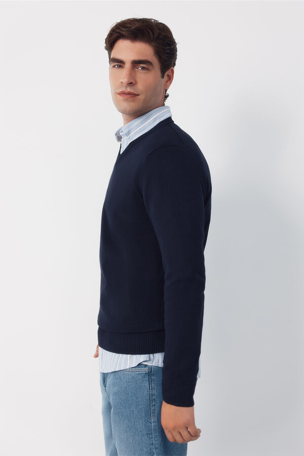 Cortefiel Jersey punto algod&oacute;n cuello pico b&aacute;sico Azul marino