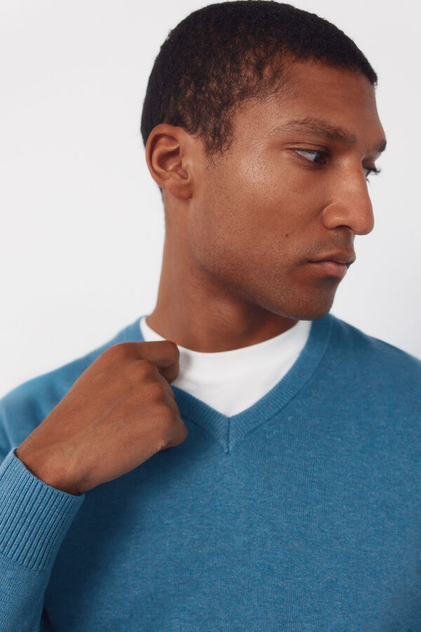 Cortefiel Jersey punto algod&oacute;n cuello pico b&aacute;sico Azul