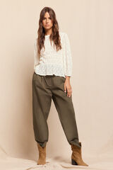 Slowlove Pantal&oacute;n de sarga con pinzas trabillas para el cintur&oacute;n bolsillos funcionales laterales pernera ancha cierre mediante cierre oculto y bot&oacute;n Verde oscuro