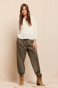 Slowlove Pantal&oacute;n de sarga con pinzas trabillas para el cintur&oacute;n bolsillos funcionales laterales pernera ancha cierre mediante cierre oculto y bot&oacute;n