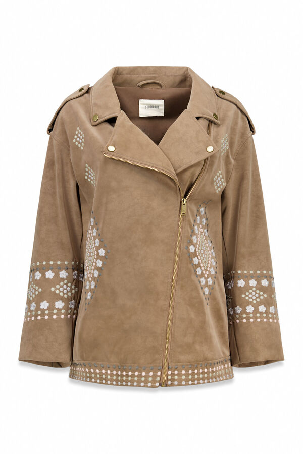 Slowlove Chamarra biker efecto piel bordada Beige