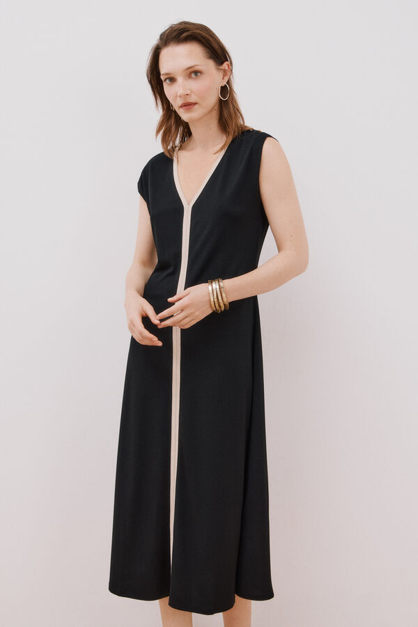 Cortefiel Vestido con escote en pico a contraste Negro